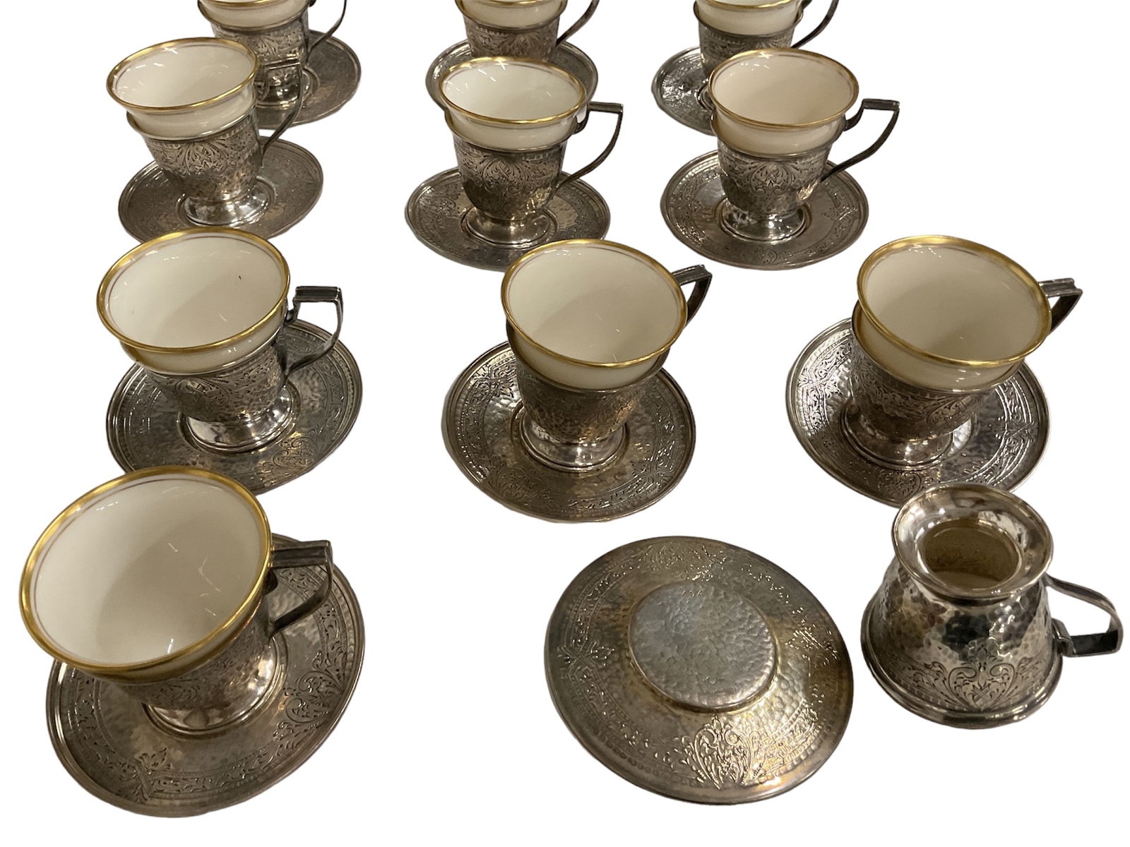 11 decorated sterling, silver demitasse cups and saucers (1 of 3)