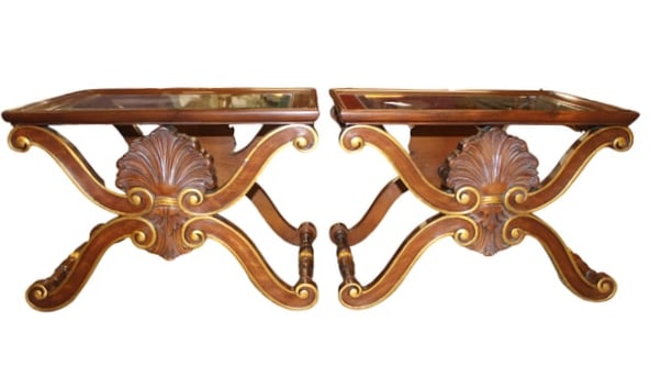 X Tea Tables by Karges Furniture: Very unusual pair of X Tables with glass tops. These can be used as tables, or converted into stools with the fabric you choose.The measurements are 24.5" wide x 18" deep x 17" high. There is a metal