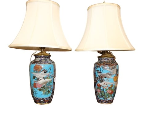 Pair of Beautiful Asian Cloisionne Lamps: Fine pair of Cloisionne Lamps.The lamps measure24" high to top of harp (13.5" high to top of vessel). The width is 7.5" and the depth is 7.5".