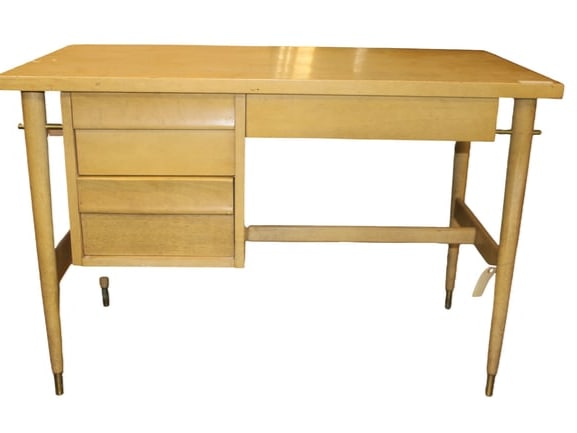 Blonde MCM Desk by American of Martinsville: Blonde MCM Desk by American of Martinsville. This desk has sold form and graceful lines. It has an "Andre Arbus" feel to it. The desk in in good condition. The top needs some attention. See photos.29x