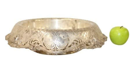 Sterling Silver Pierced Center Bowl: sterling silver pierced center bowl measuring 15.5" wide x 15.5" deep x 5" tall. Monogramed.