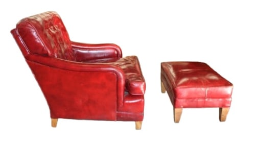 Leather Chair & Ottoman - English Rolled arm