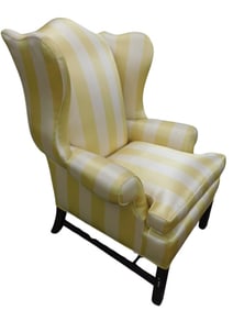 Yellow & Cream Striped Silk Fabric Wing Chair