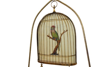 Brass Birdcage on Stand with faux bird.