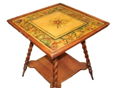 Barley Twist Table with Stain Decorated Top: DescriptionThis piece measure 30"" wide x 25.5" deep x 29.5" high