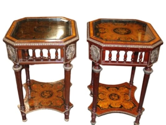 Beautiful Side Tables - a Pair: A Beautiful Side Tables - a Pair. Very nice with glass tops to cover the stain inlay.Please note the shading on the top of one stand is because of the camera. Both tables are equal in beauty.The measu