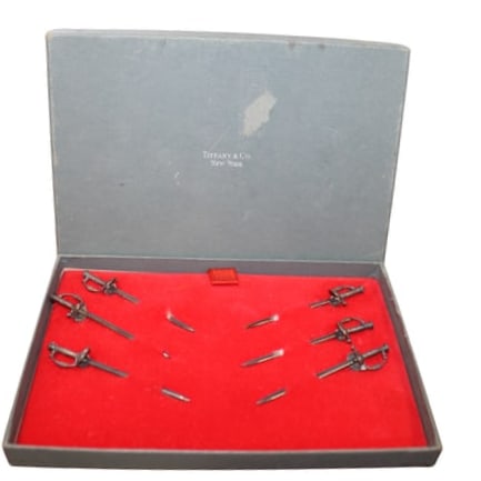 Vintage Set 6 Tiffany & Co Sterling Silver Eagle Sword Cocktail Martini Pick Box (1 of 3)