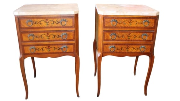 Pair of Louis XV Marble Top Stands: Pair of Louis XV Night Stands with marble tops. Each stand measures 16.5" wide x 16" deep x 27.5" high
