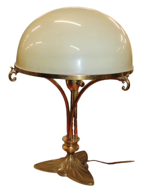 Art Nouveau Mushroom Lamp: Art Nouveau Mushroom Lamp with glass shade and brass base. This is a beautiful lamp. The lamp measures 18.25" high x 13.25" wide x 13.25" deep. Beautiful lamp!
