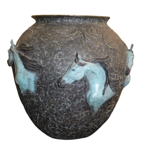 "Horses of the Desert" Bronze Vase by Bob Parks: A very fine detailed bronze vase by Bob Parks. There are 5 different horses on this vase. Please see all photos. This vase measures 14.25" high x 14" wide x 14" deep.
