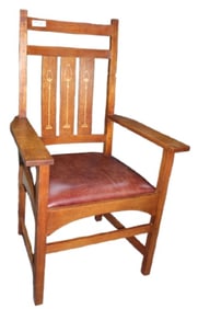 Stickley Harvey Ellis Inlaid Oak Arm Chair with Leather Seat.