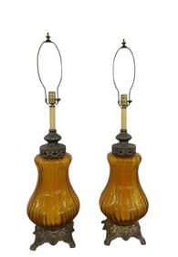 Pair of Mid Century Modern Amber Glass Lamps