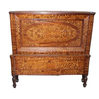 Marquetry Inlaid Twin Bed: Fine Marquetry Twin Beds. Inlaid on the Headboard and Footboard; no rails. Headboard measures 41" high x 43" wide x 2.5" deep. Footboard measures 19" high x 43" wide x 2.5" deep.