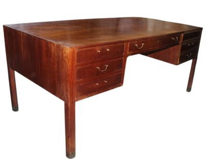 Ole Wanscher for A J Iverson, Copenhagen, Denmark Desk: Fine Rosewood Desk by Ole Wanscher (1903-1985). Wanscher studied under Kaare Klint at the Royal Danish Academy of Fine Arts & Design School between 1924 - 1927. When Kaare Klint passed away, the Desig
