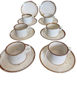 Dansk Scandinavian "Brown Mist" Flat Cup and Saucer Set of Six and 3 Saucer plates