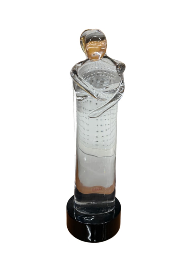 Ogetti Glass statue of Embracing Couple,Signed by Mario Badioi: Ogetti Glass statue of Embracing Couple with a glass blue base. Signed by Mario Badioi Height 18" Width 5.5