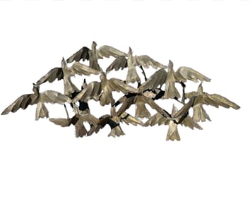 Signed Brutalist Torch Cut Flying Flock of Birds Brass Sculpture