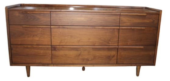 Mid-Century Modern Dresser by Anthropologie: Mid Century Modern Walnut Dresser by Anthropologie. The 9 Drawer low walnut dresser designed, and built by Anthropologie Measuring 68 long by 20 deep by 33 tall.