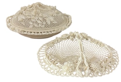 Antique Irish Belleek Four Strand Basket And Four Strand Oval Covered Basket