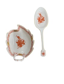 Herend Leaf Dish 5" And Serving Spoon 8.5".