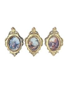 (Set of 3) Ornate oval Italian carved wood gold Florentia framed art pieces