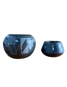 Native American Santa Clara pottery Bowl and signed Blue Corn Black Pot