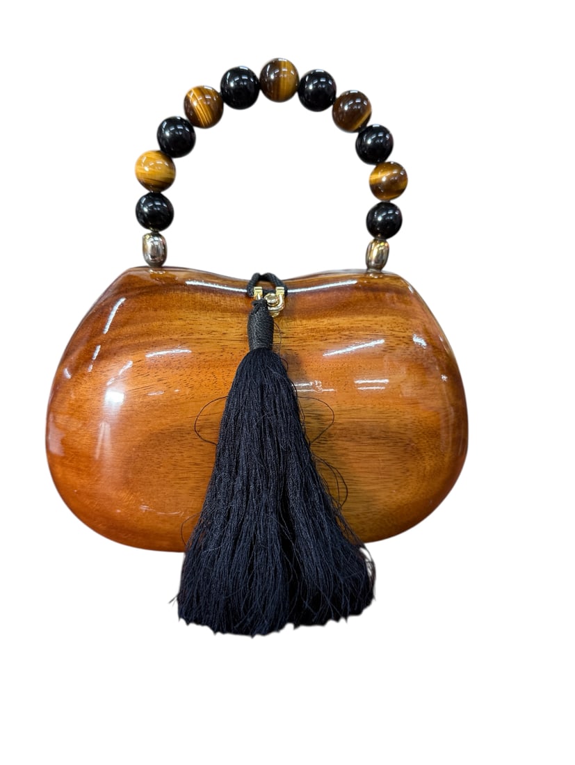 Timmy Woods "Toulouse" purse: Timmy Woods "Toulouse" purse, made from carved acacia wood with a high-gloss lacquer finish. The handle features black onyx and tiger eye beads. Indian-inspired beading and a hand-painted body. Thedim