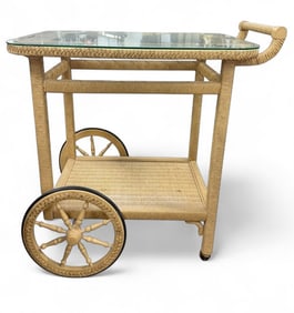 Mid Century Modern Wicker Serving Cart "Trolley Cart" with Glass Top
