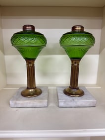 PAIR VICTORIAN ETCHED LIME GREEN KEROSENE LAMPS, 19TH C. (PAIR)