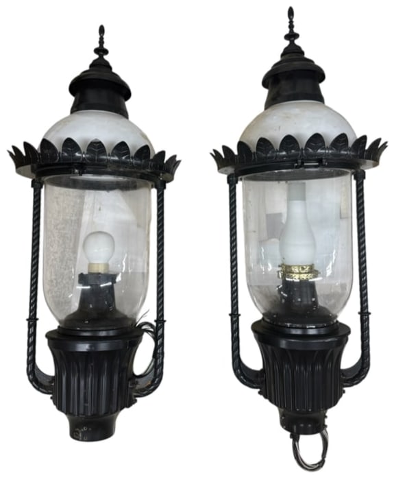Pair of Large, Victorian-Style Electric Lanterns: Pair of large, Victorian vintage lanterns. Electric post-top lanterns with ornate designs, featuring decorative cast aluminum fitters, hinged roofs with cast aluminum pedestal ball finials, and clear