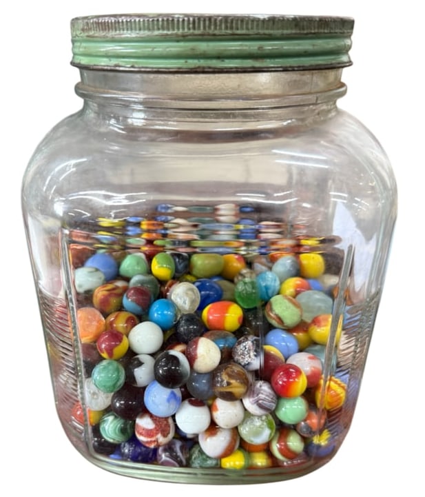 Jar of Marbles: Hoosier Canister Glass Jar Filled with Antique Marbles (1 of 3)