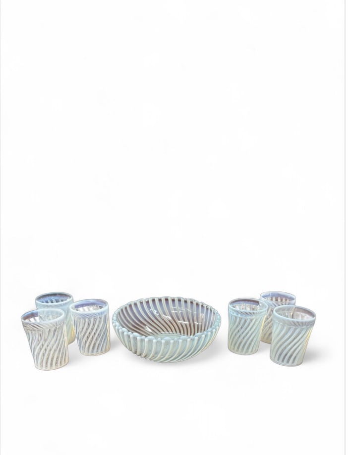 A. J. Beatty Opalescent (6 tumblers and 1 bowl): A. J. Beatty Opalescent (6 tumblers and 1 bowl)"A. J. Beatty White French Opal Opalescent Ribbed Large Folded Glass Bowl 8 inches glasses 3.5 inches.
