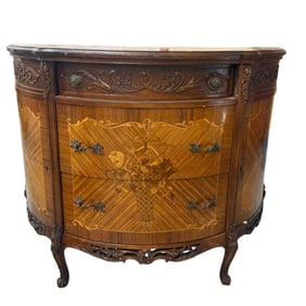 French Marquetry Inlaid Marble Top Demilune Commode