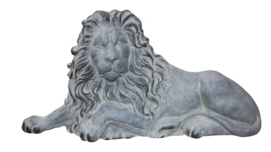 Lion by Virginia Metalcrafters: Cast metal lion depicted in a reposed but alert stance with an intentionally patinated finish. The back side with a metal bracket is marked '18-11 Virginia Metalcrafters, 1998‘. Condition: Gently us