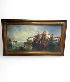 "Boats in Port" or "Capri" by the Italian artist Angelo Paraselli (born 1919).