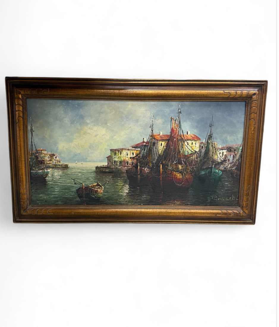 "Boats in Port" or "Capri" by the Italian artist Angelo Paraselli (born 1919). (1 of 6)