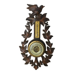 Antique German Wall Black Forest Wood Carved Thermometer