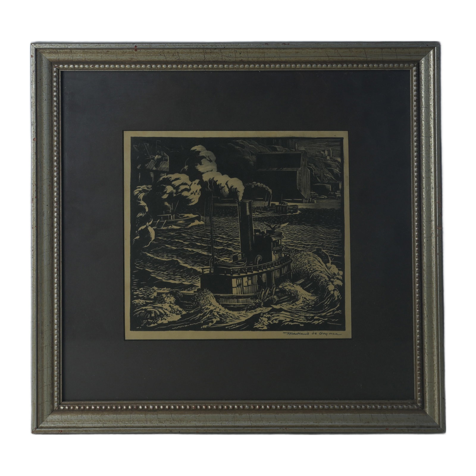 Steamboat Woodcut Print Maitland De Gogorza: Frame measures 14.5"W x 15"H. Print measures 8"H x 8.25"W.