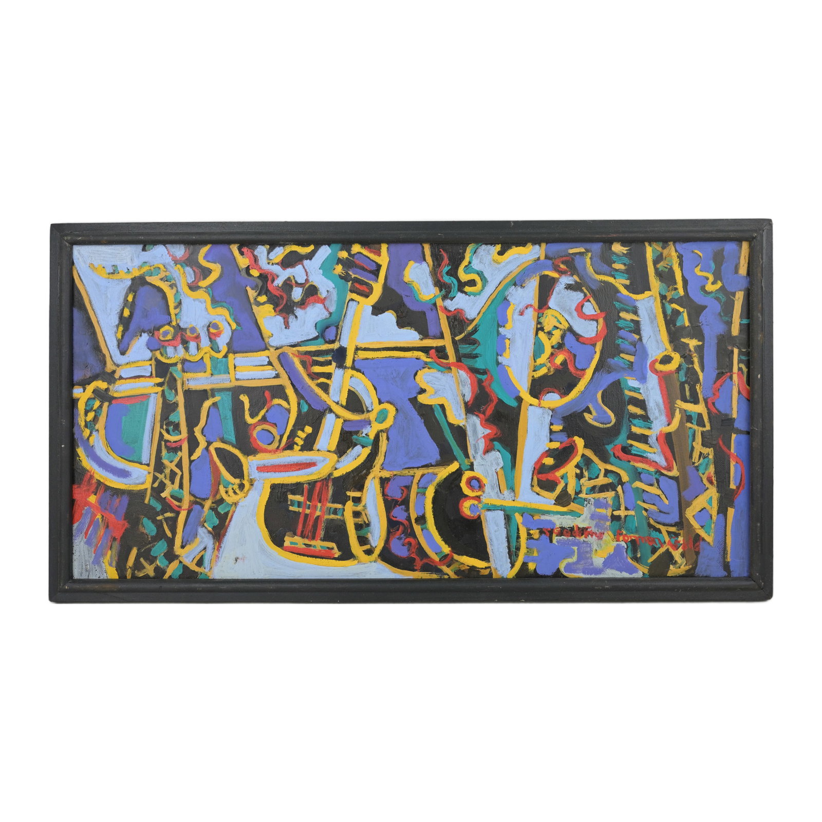 Susan Godfrey Foreman Gold Abstract Painting: Frame Measures 25"W x 13.25"H. Painting measures 11.75"H x 23.75"W.