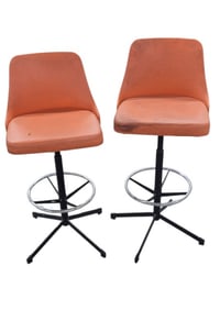 Pair Mid Century Modern Stools Orange Vinyl