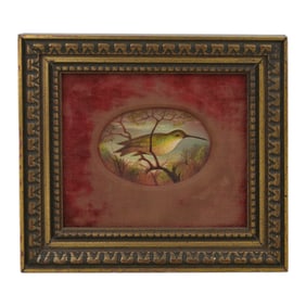 1970s Hummingbird in Tree Framed Acrylic Tempera on Gesso Print Velvet Signed Numbered