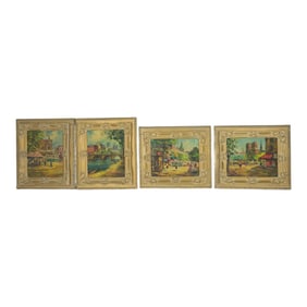 Lot of 4 Vintage Impressionist Paris Market Street Scenes Oil on Canvas Signed A. Valentin