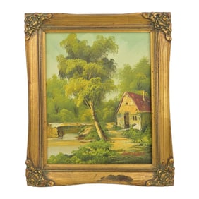 Vintage Countryside Home by Creek Scene Oil on Canvas Signed Anderson