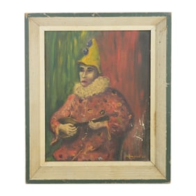 Clown Playing Mandolin Oil on Canvas Signed Spizglarsa