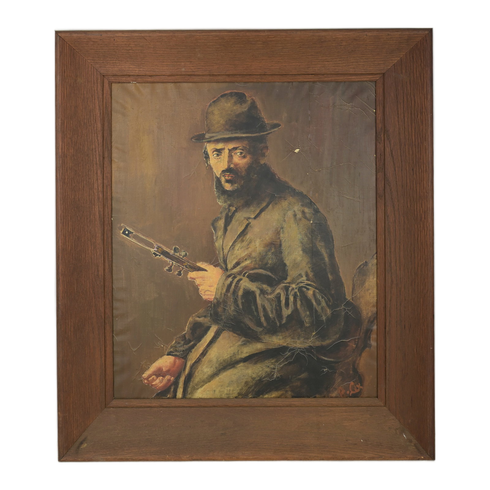 Hassidic Man with Violin Oil on Canvas Signed B Cox Jewish Judaica: Frame measures 30.5"H x 26"W. Canvas measures 24" x 20".