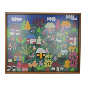 Colorful Large Quilt Hand Stitched in Glass Frame Folk Art