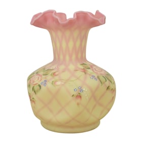 Bill Fenton Memorial Burmese Glass Diamond Optic Vase 5957 Bd Adoration Rose Hand Painted