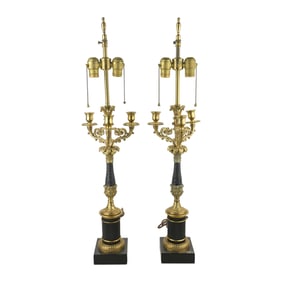 Pair of Exquisite Neoclassical Style Candelabra Bronze Table Lamps Created by Warren Kessler
