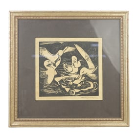 Framed woodcut print titled "Dove Table" by artist Heinrich Steiner