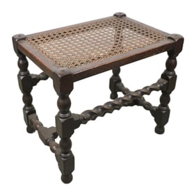 English Edwardian Oak Wicker Footstool, Footrest
